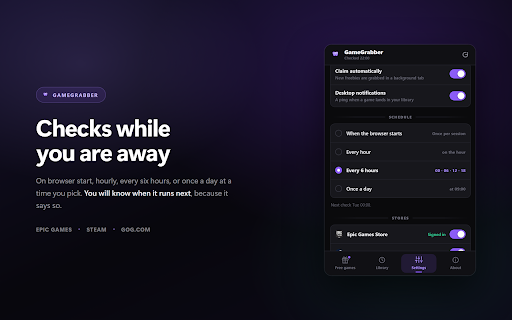 GameGrabber — Free Game Claimer :: Finds games that are temporarily free to keep on Epic, Steam and GOG, and claims them for you before the giveaway ends.