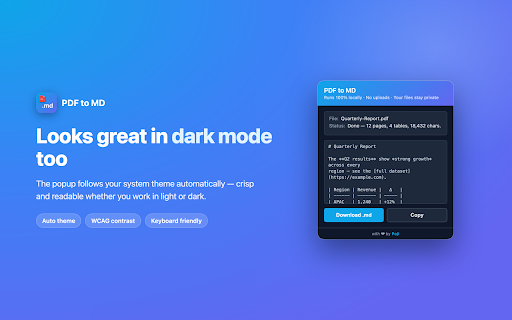 PDF to MD :: Convert any PDF tab to Markdown — 100% local, no uploads, no servers. Your files never leave your browser.