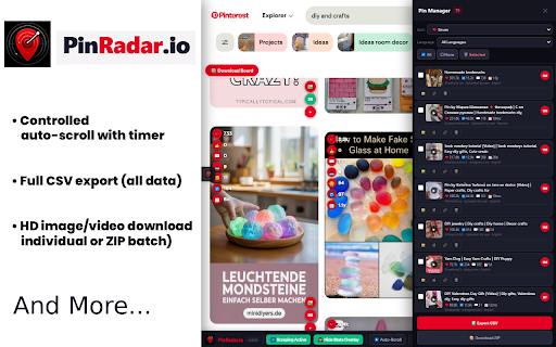 PinRadar.io — Viral Pins & Hidden Pinterest Analytics :: Reveal hidden Pinterest stats, viral scores, sort by engagement, export CSV, download HD media — all 100% local.
