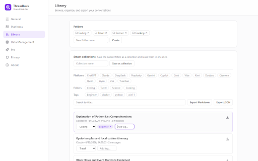 Threadback – Search Your AI Chat History :: Search, organize & export your AI chat history (ChatGPT, Claude & more). Local-first, zero upload. threadback.dev