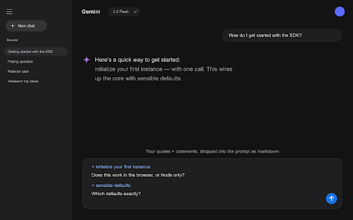 Quibble :: Review AI chat answers like a GitHub PR: select text, comment, and inject quoted fragments back into the prompt.