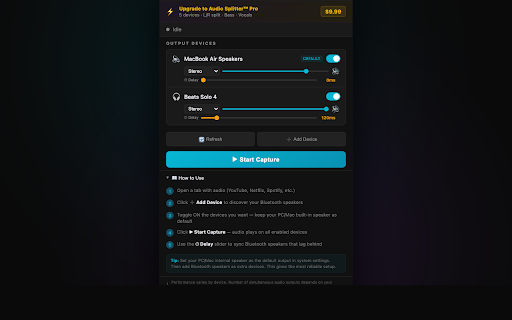 Audio Splitter Lite :: Route tab audio to multiple Bluetooth speakers at once. Free: 2 devices. Pro: 5 devices, L/R split, bass & vocals.