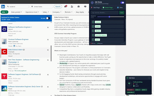 Job Score :: Analyze and score job listings on LinkedIn, Glassdoor, Indeed and more based on your custom green and red flag keywords.