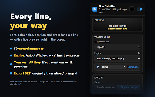 Dual Subtitles for YouTube™ :: Bilingual subtitles for YouTube — original and translation in one non-overlapping layer.
