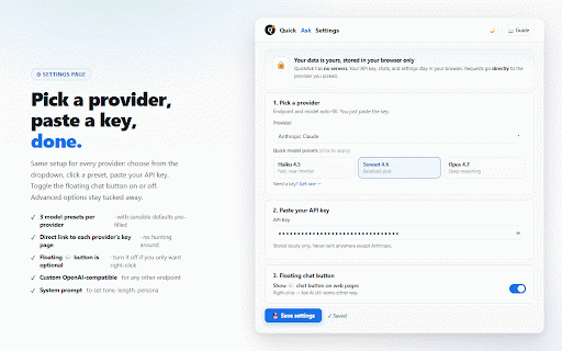QuickAsk – Instant AI Chat :: Right-click any text to get instant AI answers. Use your own API key with the AI provider of your choice. Private, no sign-up.