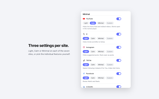 ScreenZen: Minimal Social Media :: Hides the feed, Shorts, Reels and other recommendations on seven social sites. Search, messages and profiles keep working.