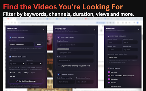 SearchLens for YouTube :: Advanced YouTube search controls for custom dates, strict matching, duration, views, channels, and cleaner results.