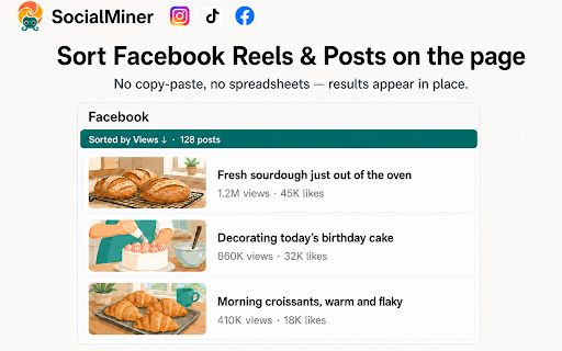 SocialMiner - Sort Feed Sorter & Downloader for Instagram, TikTok, Facebook :: Sort Instagram, TikTok & Facebook Reels/Posts by views, likes, comments, date or viral score. Bulk download videos, export CSV/JSON.