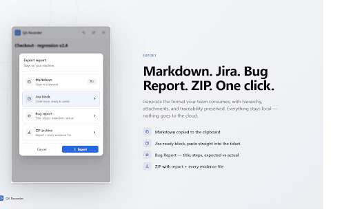 QA Recorder :: Local-first extension to record QA sessions, evidence and reports.