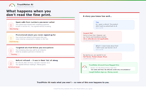 TrustMeter AI — Privacy & Terms Analyzer :: Understand any site's privacy & terms in 8 points, before you sign up.