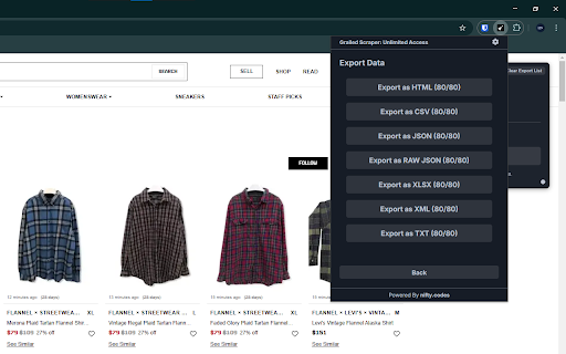 Grailed Scraper: Export Listings, Reviews, Sellers & more :: Scrape Listings, Details, Sellers, and more from Grailed, with options to export in formats such as CSV, Excel, JSON, and others.