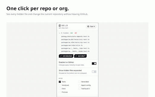 Geld :: Hide test files from GitHub diffs. Review what matters; the tests wait in a tidy section at the bottom.