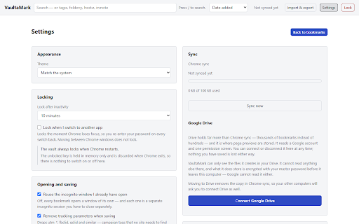VaultaMark :: Bookmarks Chrome doesn't know about. No omnibox autocomplete, opens in incognito, encrypted, optional sync via your Google Drive.