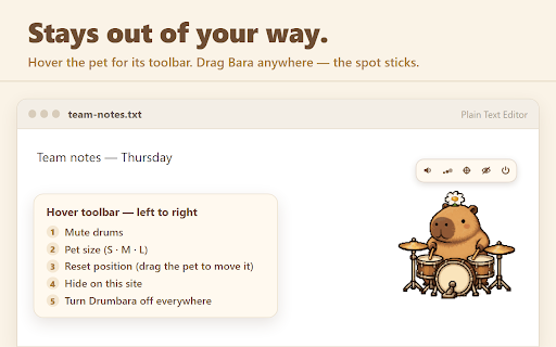 Drumbara – Capybara Typing Drummer Pet :: A cozy capybara drums along while you type. Never reads which keys you press. Collect items as your beats add up.
