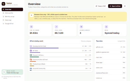 Tasker - Activity Tracker & Google Drive Recap :: Local-first activity tracker with branded PDF reports and optional sync to your own Google Drive.