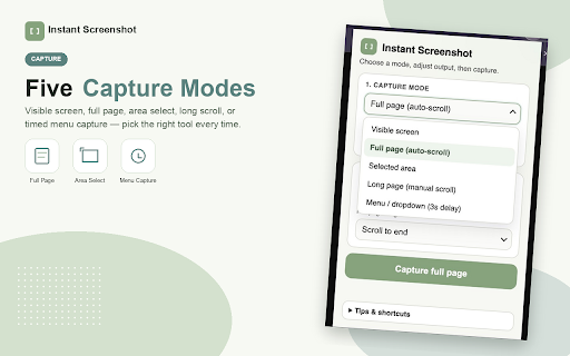 Instant Tab Screenshot :: Capture visible, area, full-page, or long screenshots as image or PDF. Right-click capture, preview annotation, instant copy.