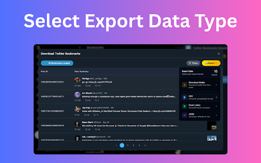 Twitter Bookmarks Downloader - Export X Bookmarks :: Twitter Bookmarks Downloader - Export X bookmarks to CSV, JSON, or XLSX with one click. Backup, save offline, or share easily.