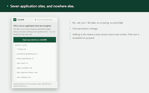 JobsDXB Form Filler :: Fills the employer's application form from your JobsDXB kit. Submits only on a run you start.