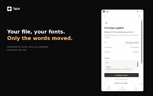 Tailr — Tailor Your Resume in Seconds :: Skip the resume rewrite. Tailr adapts your resume to every job in seconds, so you spend the time applying — not editing.
