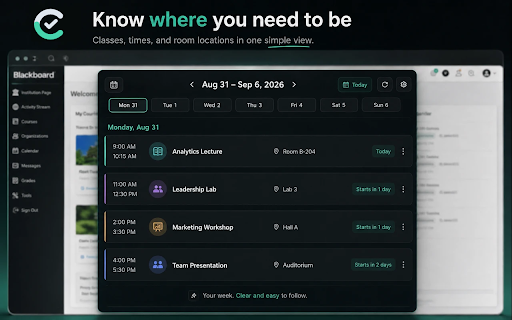 Clearview :: A calmer Blackboard dashboard for weekly work, deadlines, classes, grades, and personal planning.