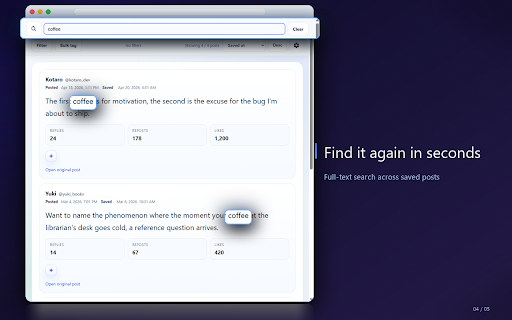 Offline X Archive :: Save X posts to a fully offline, on-device archive. Browse and search what you saved later, with no account and no servers.