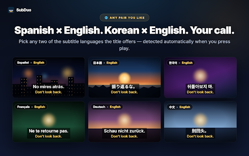 SubDuo — Dual Subtitles for Streaming :: Show two subtitle languages at once on Prime Video, YouTube, Netflix, Disney+ and TED. Made for language learners.