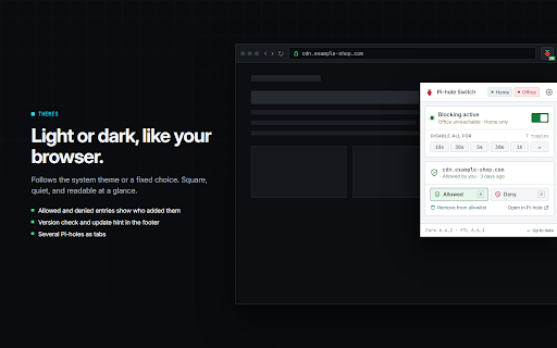 PiHole Browser Extension :: Control your Pi-hole from the toolbar. Pause blocking, allow or deny the current site, across all your Pi-holes.