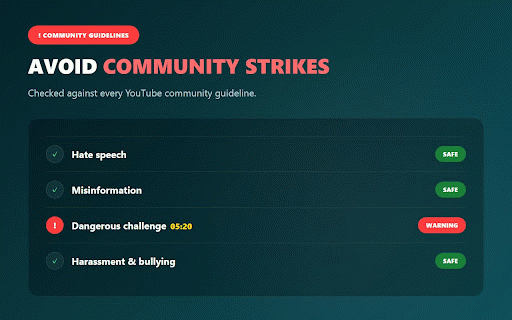 YouTube Policy Violation Scanner — Monetization, Strikes, Copyright 08/2026 :: Scan YouTube videos with AI: flags demonetization, copyright, community strikes, spam — with timestamps and how to fix them.
