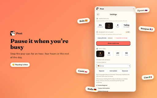 Learn Spanish, German, Polish & More While Browsing – Psst :: Learn Spanish, French, German, Italian, Polish or Russian words while you browse: a short quiz pops up in the tab you're on.