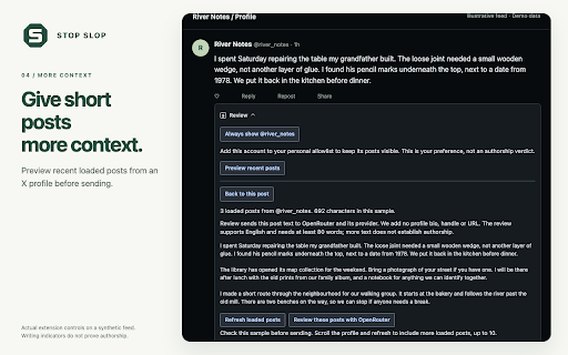 STOP SLOP :: Automatically check posts and articles for AI signals. Choose Review, Mark, Collapse or Hide. Cloud checks use cached text reviews.