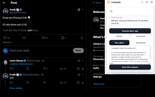 Lazyapply :: Generate product-aware replies on X, Reddit, and LinkedIn. Mention your product naturally — or reply as yourself.