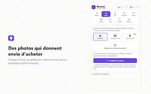 Revento - Assistant de vente Vinted :: Ta boutique Vinted en pilote automatique : annonces générées par l'IA, republication, réponses aux favoris et offres gérées seules.