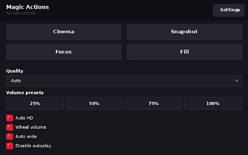 Magic Actions for YouTube™ :: Privacy-first YouTube viewing controls, cinema mode, snapshots, focus tools, local summaries, and watch analytics.