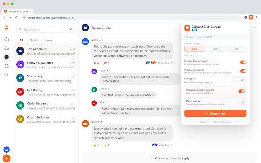 Substack Chat Exporter by Stackscraper :: Export Substack chat threads, replies, and sub-replies from the current page to JSON, CSV, or Markdown.