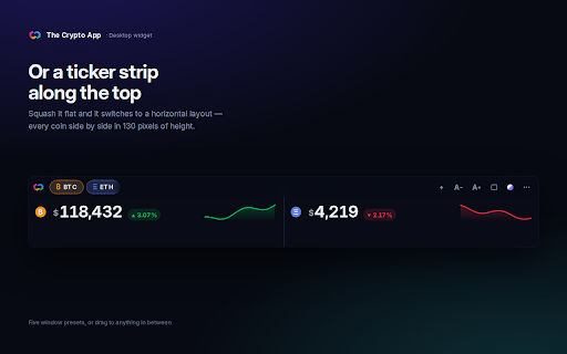 Bitcoin Price Ticker — The Crypto App :: Live Bitcoin and crypto prices in a resizable desktop widget you can size and place anywhere. From The Crypto App.