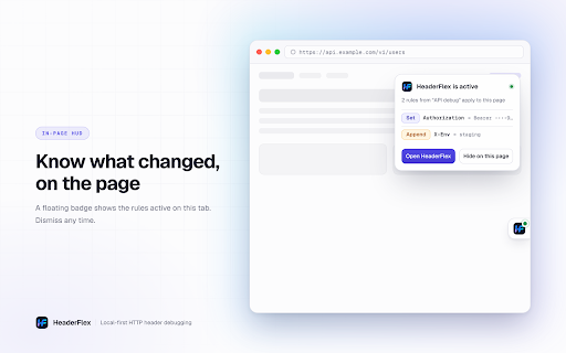 HeaderFlex - Modify HTTP Requests :: ModHeader alternative: modify headers, redirect/block, mock APIs, inspect rule hits, re-inject responses. 100% local, zero upload.