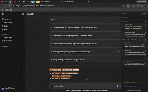 Magpie :: Highlight any text in AI chats to bookmark it. Scroll back to it instantly. Select multiple bookmarks to combine them.