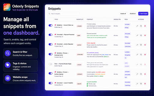 Odexly Snippets – Text Expander & Shortcuts :: Save reusable text snippets and insert them instantly with shortcuts on any website.