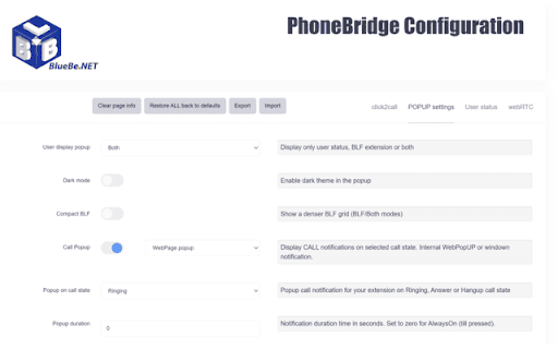 BlueBeNET PhoneBridge :: Unified calling platform: Click2Call, WebRTC, SIP, BLF monitoring, call management, and CRM integration—all in one extension.