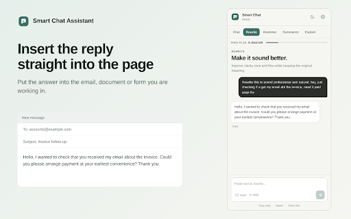 Smart Chat Assistant: AI Writing & Chat :: AI writing assistant in your side panel. Chat, rewrite, fix grammar, summarize and explain text without leaving the page.