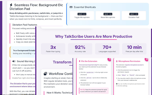 MuVu-TalkScribe: Speak to Type :: Input text by speaking on web pages. With multi-language support and smart punctuation.