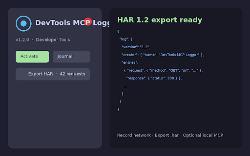 DevTools MCP Logger :: Record logs, network, and page actions (clicks/inputs) until Stop. Export HAR/Markdown/JSON. Optional MCP bridges.
