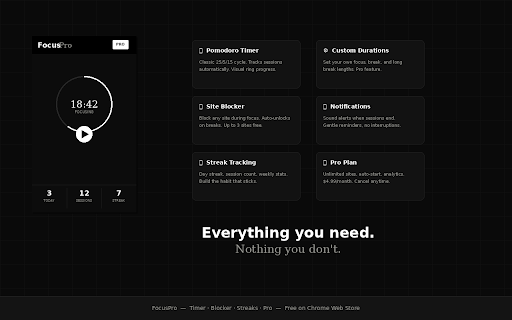 FocusPro — Timer & Site Blocker :: Stay focused with Pomodoro timer and intelligent site blocking. Built for deep work.