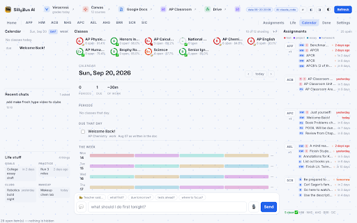 SillyBus AI :: Your homework, grades and schedule, read from Canvas and your teachers' docs inside the Chrome you already use.