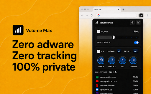 Volume Booster 1000% - Sound Booster & Bass Boost :: Boost browser volume up to 1000% without distortion. Includes smart protection, clean loudness control, and stereo width.