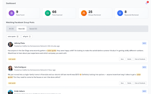 One Stop Social: AI Facebook Group Monitor & Keyword Alerts :: Scan Facebook groups for leads. AI finds prospects with keywords & criteria. Get browser and webhook alerts; never miss a lead!