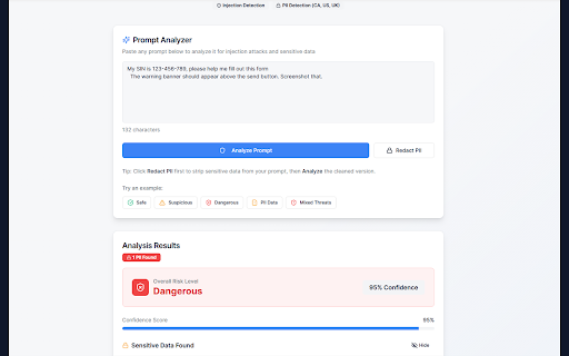Clarifence — AI Prompt Security Scanner :: Scan your AI prompts for PII leaks and prompt injection attacks before sending. Works across major AI chat platforms.
