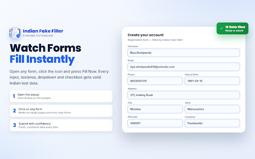 Indian Fake Filler :: Fill any form with one click — realistic Indian test data for names, phones, addresses, IDs and more.