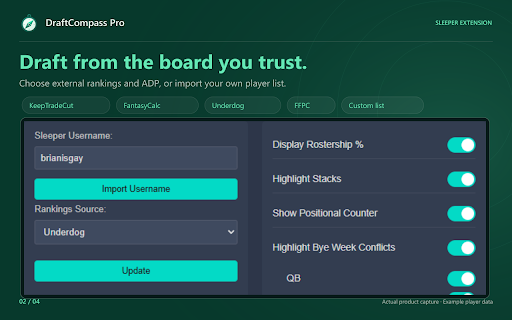 DraftCompass Pro :: Level up your drafts by integrating customized rankings sources and user-specific insights into Sleeper draft-rooms.