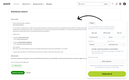 Proposal Lift :: Draft proposals on Upwork job pages using your app personas and templates. You always submit manually.
